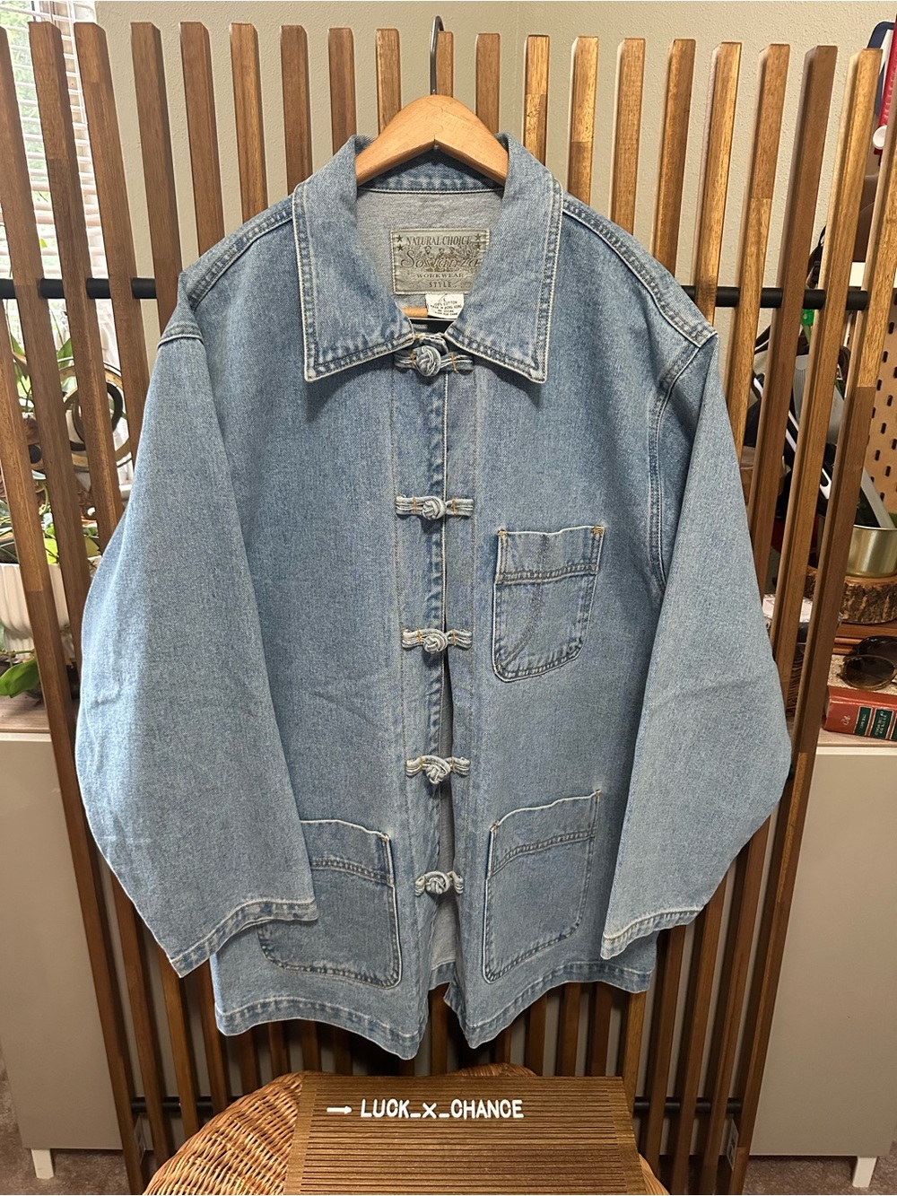 VTG Sostanza Natural Choice Denim Workwear Chore Jacket Frog Toggle Closure L